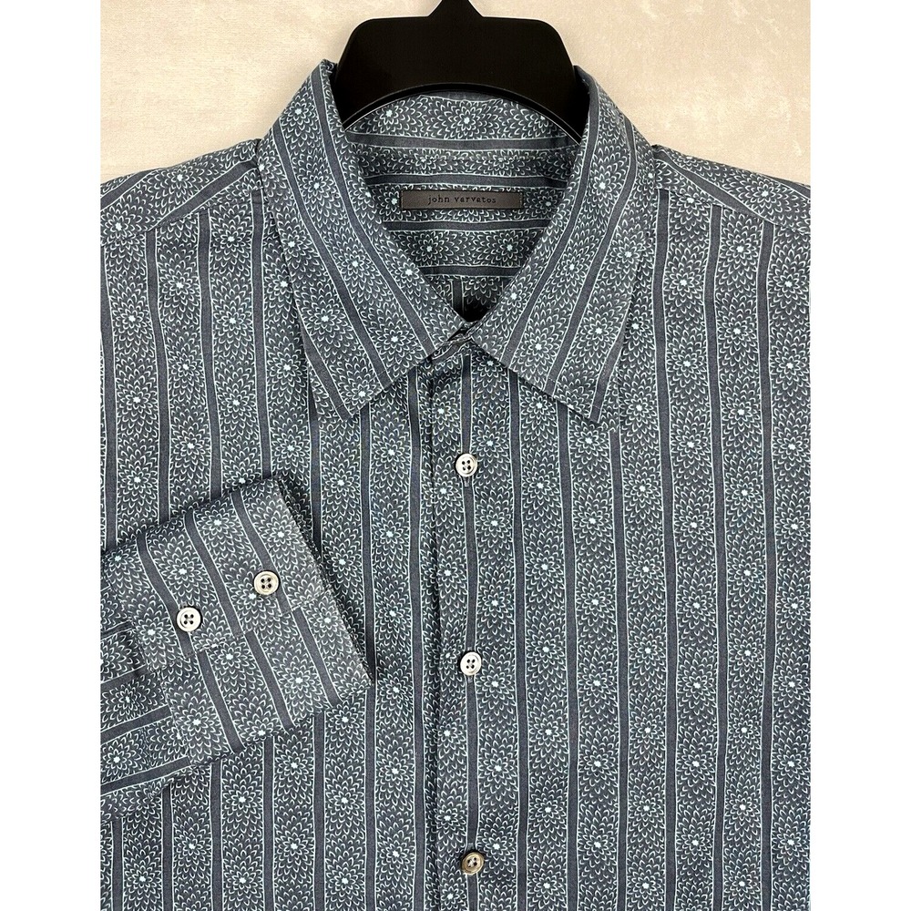 JOHN VARVATOS Shirt Men XL Gray Striped Long Sleeve Button Up Lightweight Casual